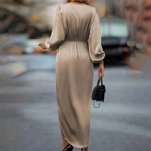 Women’s Maxi Satin Dress with V-Neck and Long Sleeves