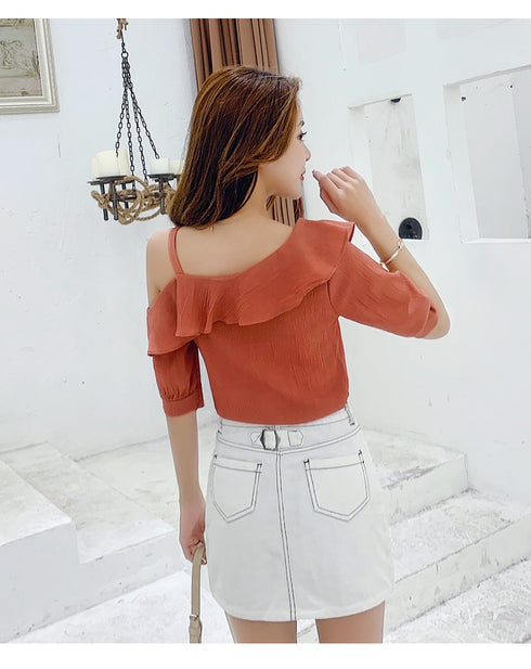 Women's Shirt Tops Fashion One-Shoulder Ruffles Short-sleeved Tops Chiffon Tops S-XXL