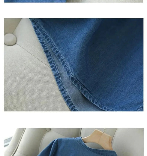 Blue Denim Lyocell Casual V-Neck Blouse