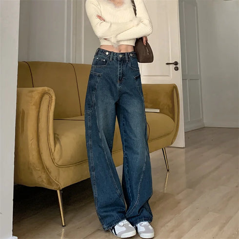 Women's High Waist Wide Leg Denim Jeans in Navy