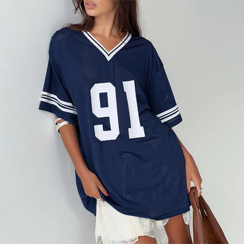 90s-Inspired Oversized Graphic V Neck T-Shirt for Women