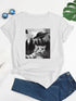 Cat & UFO Print Crew Neck T-Shirt, Casual Short Sleeve Top for Spring & Summer