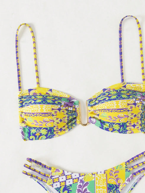 Floral Lace-Up Bikini Set in Yellow