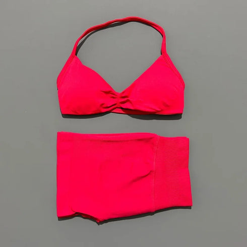 HISTELLO Women's Seamless Yoga Set with Strappy Bra and Shorts