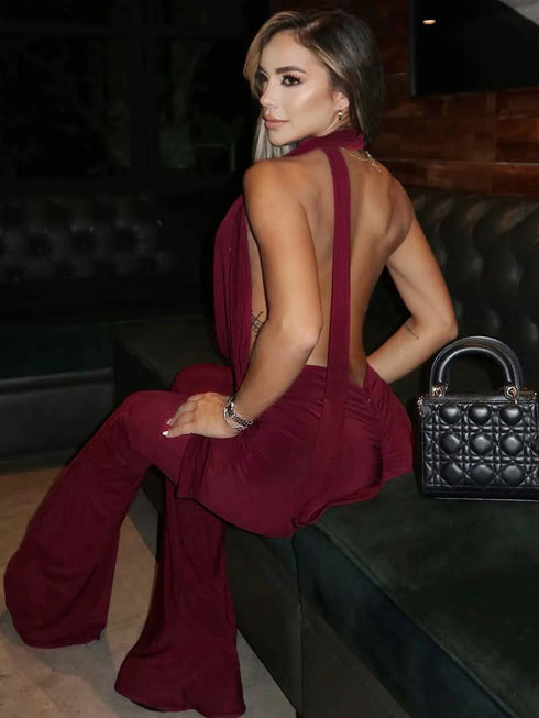 Dulzura Backless Lace-Up Flared Jumpsuit in Wine Red