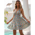 Summer Sexy Short Dress Women Casual Floral Backless Sundress V Neck Blue Ruffle A-line Fashion