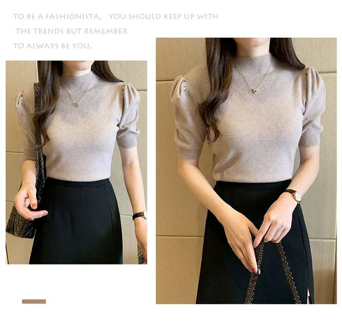 Women's Puff Sleeve Knitted Blouse with Half Turtleneck