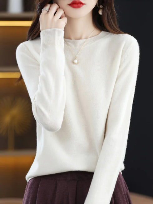 100% Merino Wool O-Neck Sweater for Women