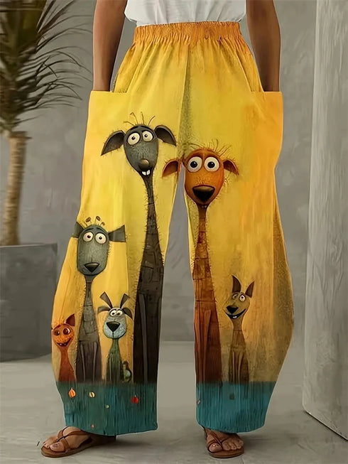 Women's Cartoon Cat Loose Wide-Leg Pants