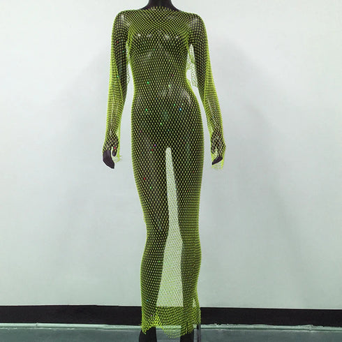 Shiny Rhinestones Grid Fishnet Dress