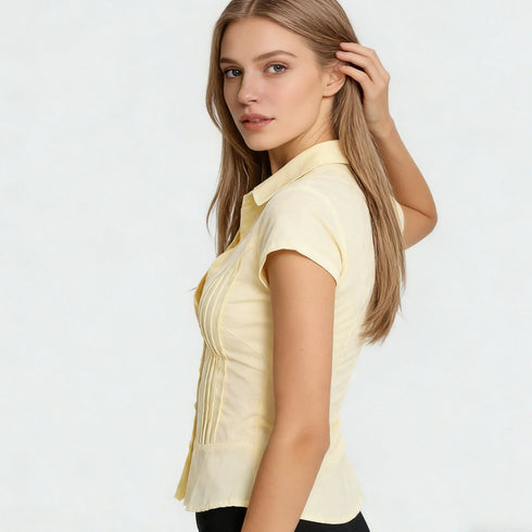 Women's Slim Fit Short Sleeve Button-Up Shirt in Yellow