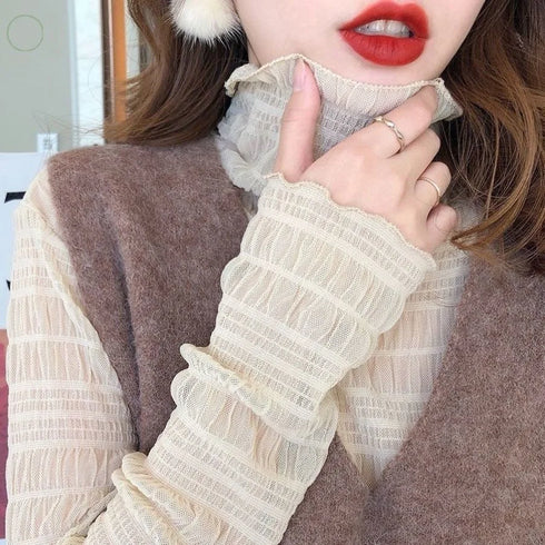 Lace Detail Turtleneck Long Sleeve Blouse