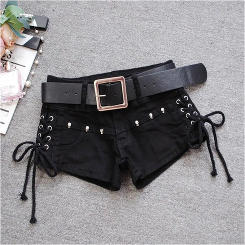 Low Rise Denim Shorts with Lace-Up Detail