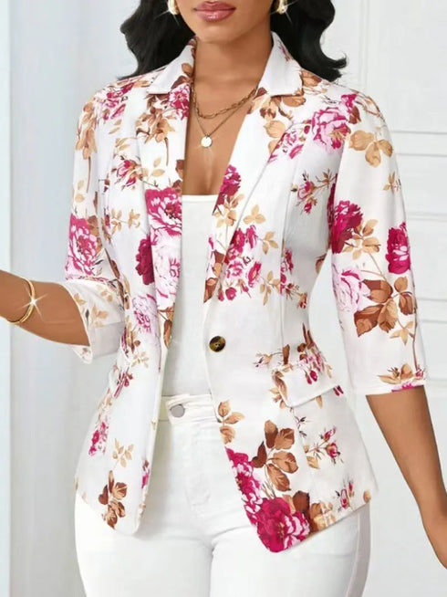 Floral Printed Autumn Blazer with Three Quarter Sleeves