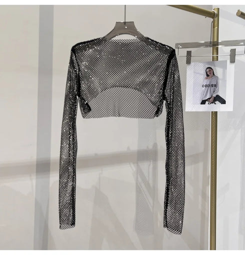 Hollow Out Rhinestone Long Sleeve Crop Top