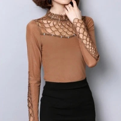 Elegant Hollow Out Lace Long Sleeve Blouse