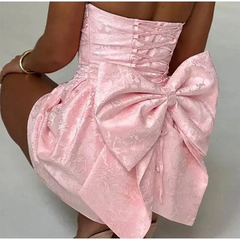 Women's Jacquard Dress Elegant Temperament Mini Skirt Pleated Skirt Tie Up Bow Slim Fit Clothing Sexy Party