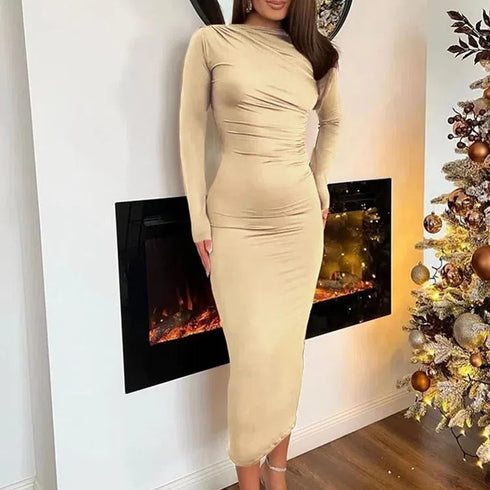 Elegant Solid O-neck Patchwork Maxi Dress