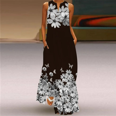 Elegant V-Neck Sleeveless Floral Long Dress
