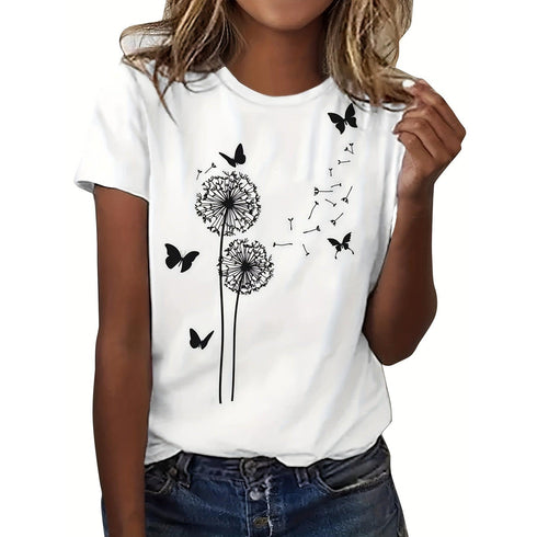 Dandelion & Butterfly Print T-Shirt Casual Crew Neck Top