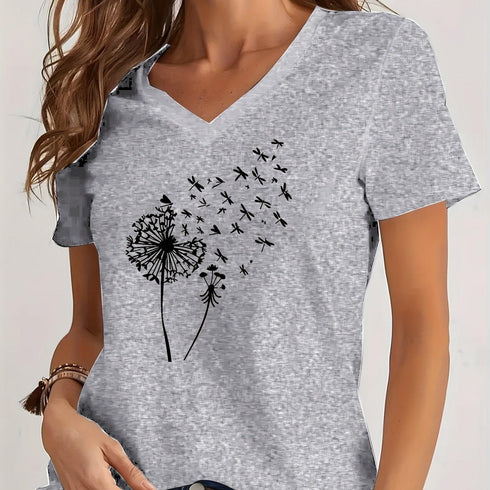 Dandelion Print V Neck T-Shirt for Spring & Summer