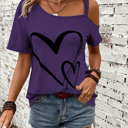 Women's Heart Print One Shoulder T-Shirt