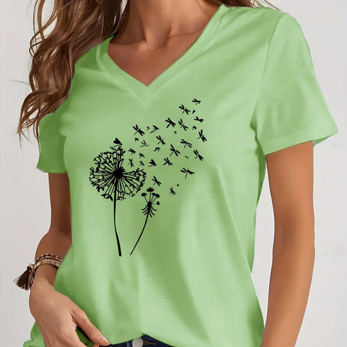 Dandelion Print V Neck T-Shirt for Spring & Summer