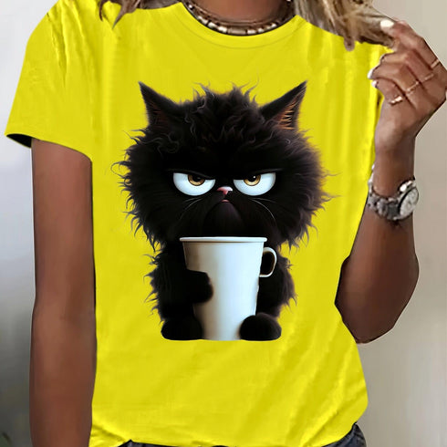 Women's Cat Print T-Shirt - Casual Summer Top