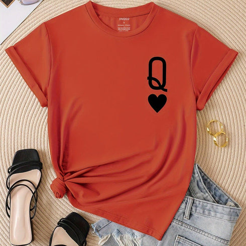 Q & Heart Print Crew Neck T-Shirt