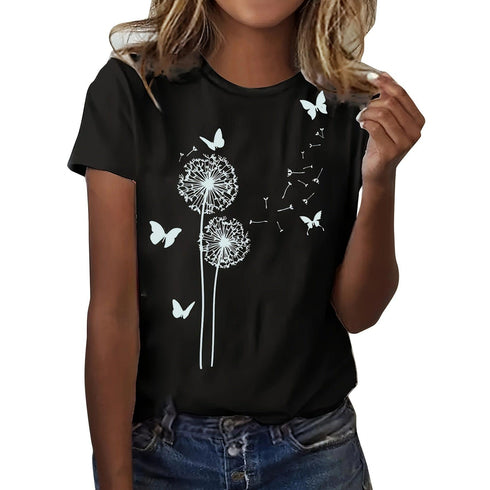 Dandelion & Butterfly Print T-Shirt Casual Crew Neck Top