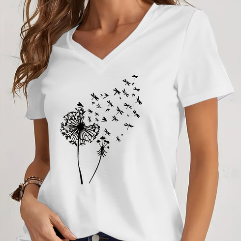 Dandelion Print V Neck T-Shirt for Spring & Summer
