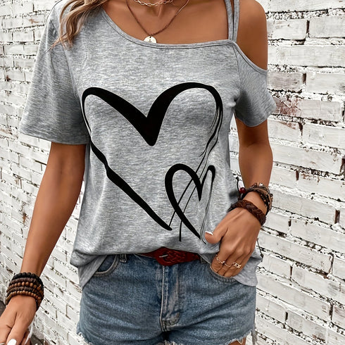 Women's Heart Print One Shoulder T-Shirt