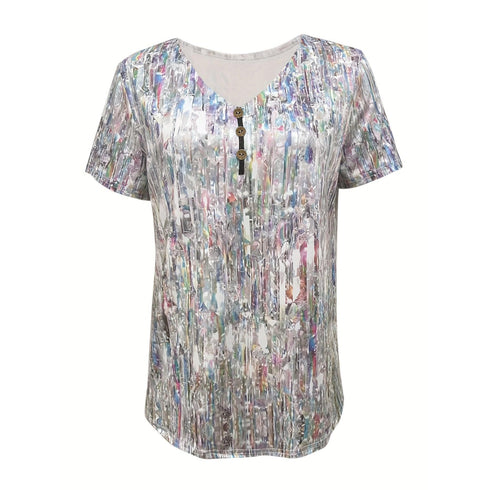 Allover Print Button V Neck T-shirt for Women