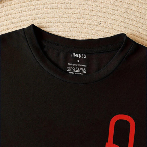 Q & Heart Print Crew Neck T-Shirt