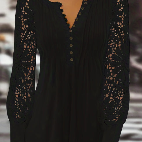 Women's Lace Contrast Pleated Long Sleeve T-Shirt