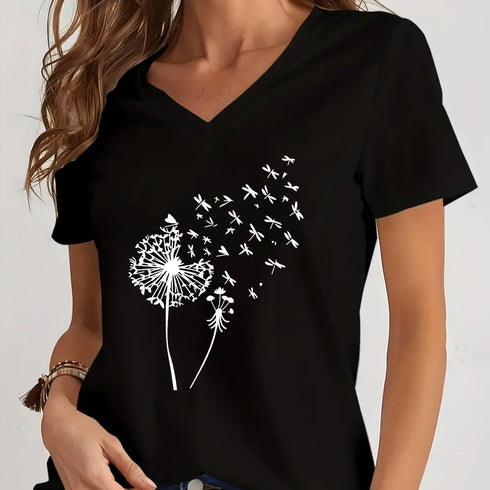 Dandelion Print V Neck T-Shirt for Spring & Summer