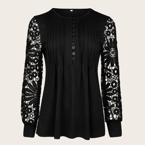 Women's Lace Contrast Pleated Long Sleeve T-Shirt