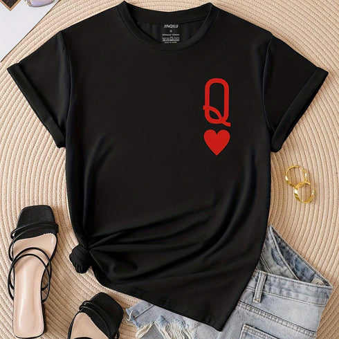 Q & Heart Print Crew Neck T-Shirt