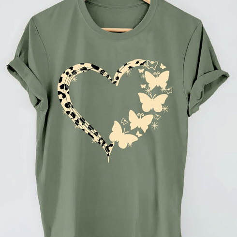 Heart & Butterfly Print T-shirt for Women