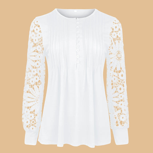 Women's Lace Contrast Pleated Long Sleeve T-Shirt