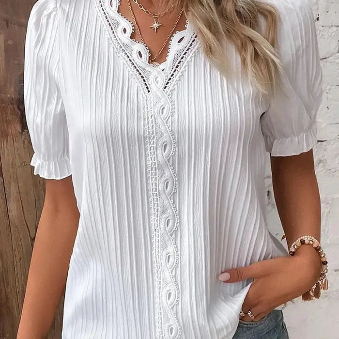Lace-Trim V-Neck Short-Sleeve Blouse