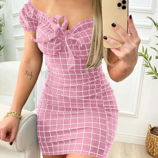 Summer Plaid Mini Dress with Slash Neck
