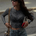 Leopard Print Mesh Long Sleeve Bodycon Top for Women - Sexy Y2K Clubwear and Nightout Essential