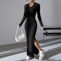 Black Temperament Pit Strip Slimming Dress - V-neck Knit Wrap