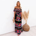 Spring Summer Off Shoulder Maxi Dress with Red Flower Print Sleeveless Loose Fit Wide Hemline for Parties and Casual Wear