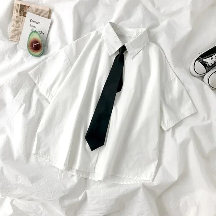 White Short-Sleeve Shirt with Tie