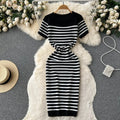 Summer Striped Beach Knitted Dress O Neck Short Sleeves Bodycon Midi Dress